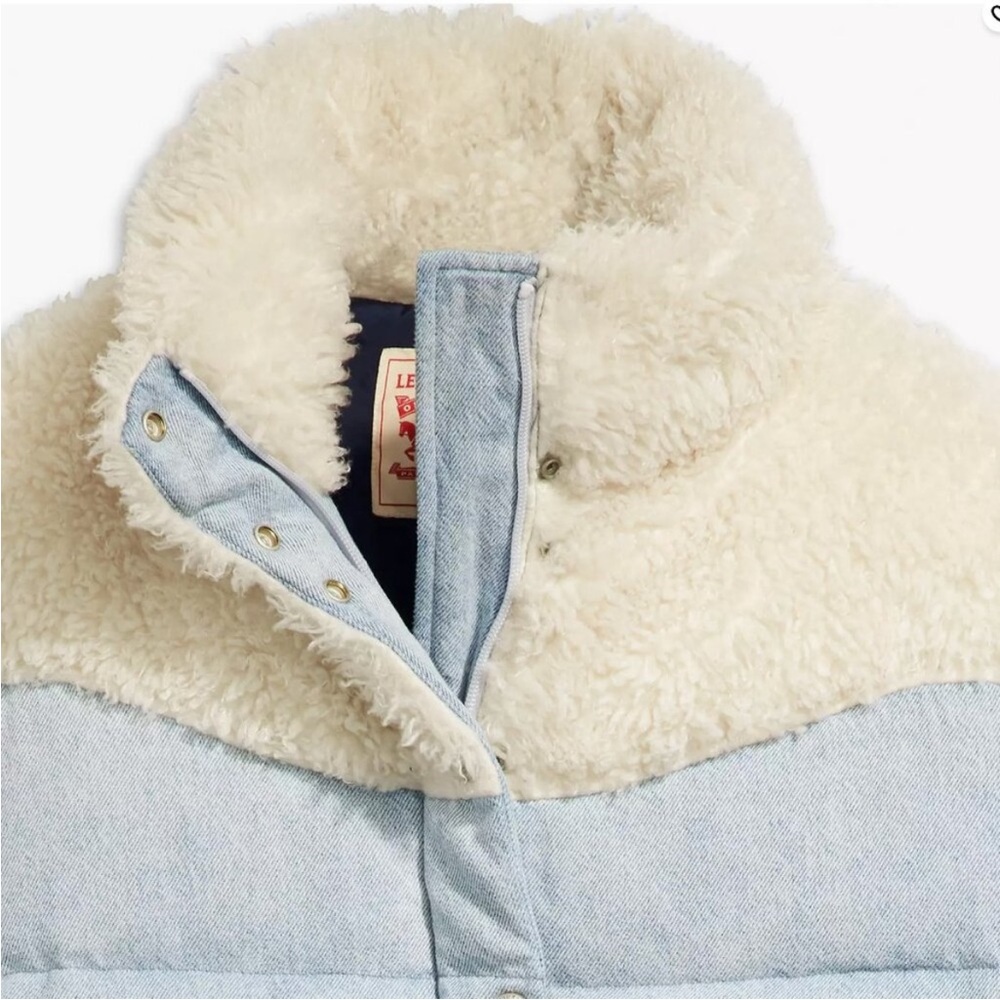 Levi’s Juno Western Down Crop Chambray Sherpa Puffer Light Denim Coat Sz XS - Picture 16 of 16